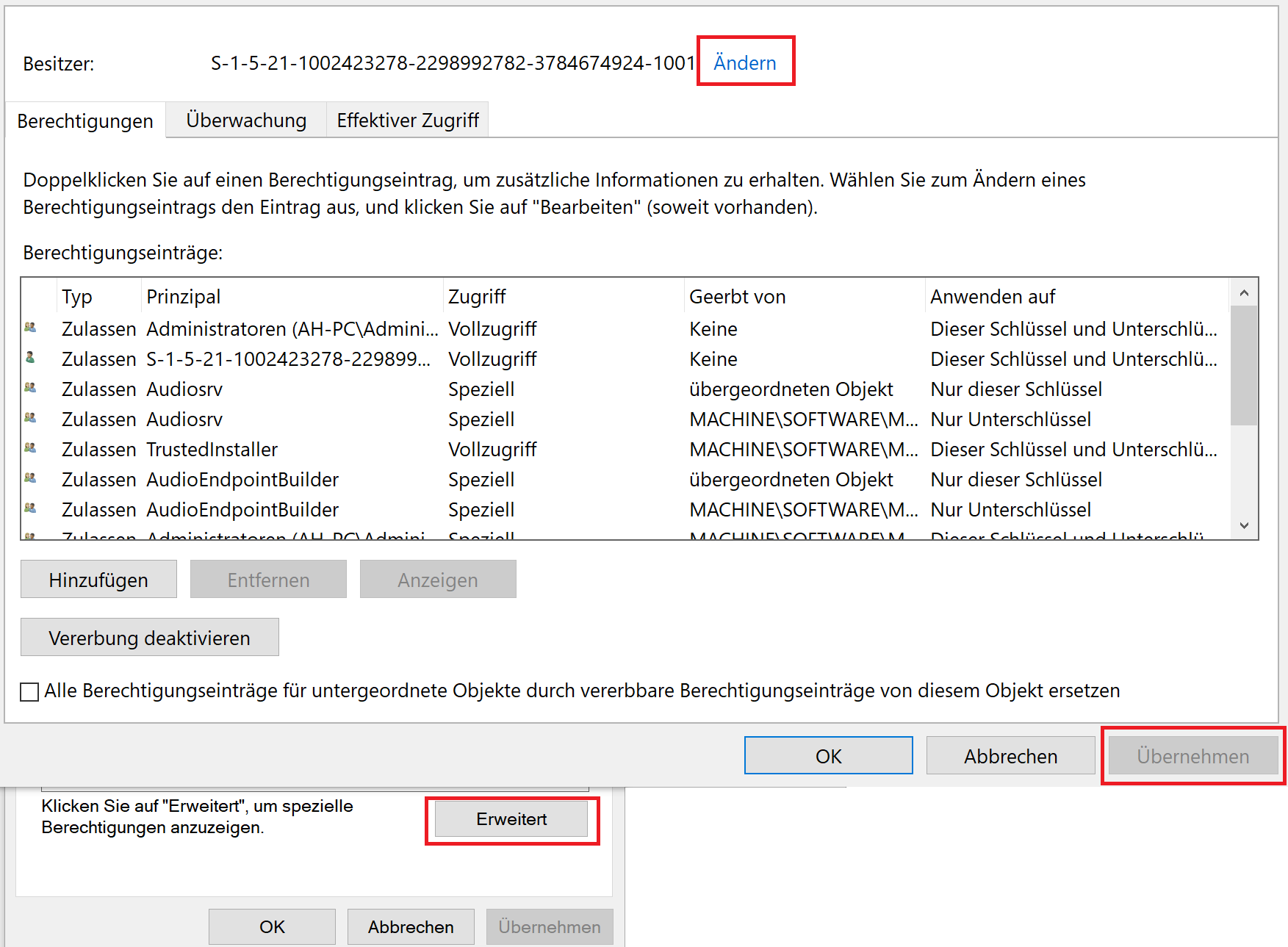 Image of windows permissions dialogs to fix the owner for the device registry entry.